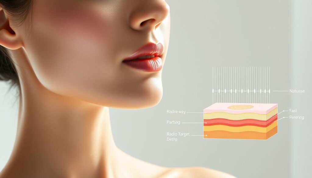 Oligio X 原美電波適用部位: a detailed, artistic illustration showcasing the key focus areas for the Glowin Beaute Oligio X radio frequency treatment. In the foreground, a close-up view of a person's face, highlighting the delicate contours and high-definition details of the cheeks, jawline, and neck. Subtle lighting accentuates the skin's natural radiance. In the middle ground, a cross-sectional diagram reveals the precise target zones for the radio frequency waves, penetrating the different skin layers. The background maintains a clean, minimalist aesthetic, with a soft color palette and a serene ambiance to convey the treatment's soothing, rejuvenating experience. The overall composition strikes a balance between technical precision and an elegant, aspirational aesthetic. Oligio X 原美電波適用部位: a detailed, artistic illustration showcasing the key focus areas for the Glowin Beaute Oligio X radio frequency treatment. In the foreground, a close-up view of a person's face, highlighting the delicate contours and high-definition details of the cheeks, jawline, and neck. Subtle lighting accentuates the skin's natural radiance. In the middle ground, a cross-sectional diagram reveals the precise target zones for the radio frequency waves, penetrating the different skin layers. The background maintains a clean, minimalist aesthetic, with a soft color palette and a serene ambiance to convey the treatment's soothing, rejuvenating experience. The overall composition strikes a balance between technical precision and an elegant, aspirational aesthetic.