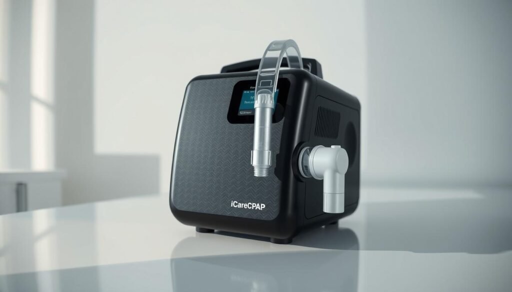 A close-up view of a high-quality medical-grade CPAP machine made by iCareCPAP, showcasing its sleek and modern design with a matte black finish. The machine sits atop a clean, white surface, casting soft shadows and highlights that accentuate its premium build quality. The surrounding environment is minimalist and serene, with a subtle gradient background that complements the device's elegant aesthetic. The image conveys a sense of reliability, durability, and the advanced capabilities of this extended warranty-equipped medical respiratory device.