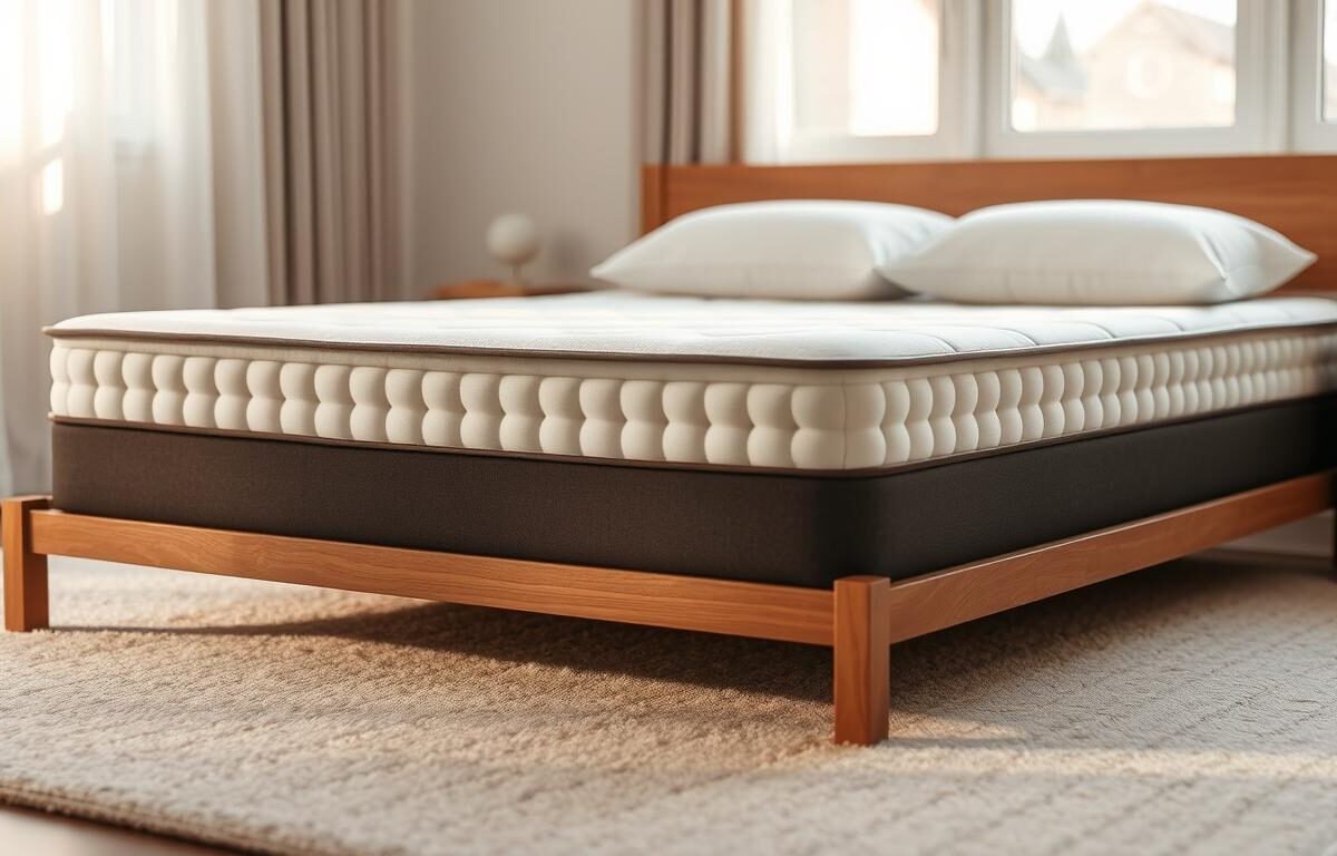 A cozy, well-crafted bed frame of StylesMaven's independent pocket spring mattress. The mattress surface is smooth and supportive, with intricate pockets housing individual springs that mold to the body's contours. Soft, plush textiles in a neutral color palette create a serene, inviting atmosphere. Warm, natural lighting illuminates the scene, highlighting the mattress's premium construction and quality craftsmanship. The frame itself is simple yet elegant, blending seamlessly with the soothing, bedroom environment. This image captures the comfort and luxury of StylesMaven's independent pocket spring mattress.