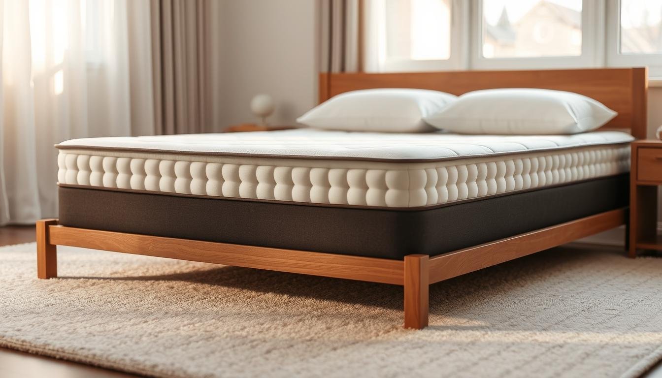 A cozy, well-crafted bed frame of StylesMaven's independent pocket spring mattress. The mattress surface is smooth and supportive, with intricate pockets housing individual springs that mold to the body's contours. Soft, plush textiles in a neutral color palette create a serene, inviting atmosphere. Warm, natural lighting illuminates the scene, highlighting the mattress's premium construction and quality craftsmanship. The frame itself is simple yet elegant, blending seamlessly with the soothing, bedroom environment. This image captures the comfort and luxury of StylesMaven's independent pocket spring mattress.