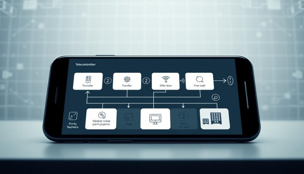 A detailed technical diagram depicting the "Telecombrother" mobile number porting process. In the foreground, a sleek smartphone with a stylized flow chart overlaid, guiding the user through the step-by-step workflow. The middle ground showcases various network symbols, signal bars, and data transfer icons, conveying the data exchange involved. In the background, a subtle grid pattern representing the complex technical infrastructure supporting the number portability system. The overall scene has a clean, minimalist aesthetic with muted colors and soft lighting, reflecting the efficient and streamlined nature of the process. A detailed technical diagram depicting the "Telecombrother" mobile number porting process. In the foreground, a sleek smartphone with a stylized flow chart overlaid, guiding the user through the step-by-step workflow. The middle ground showcases various network symbols, signal bars, and data transfer icons, conveying the data exchange involved. In the background, a subtle grid pattern representing the complex technical infrastructure supporting the number portability system. The overall scene has a clean, minimalist aesthetic with muted colors and soft lighting, reflecting the efficient and streamlined nature of the process.