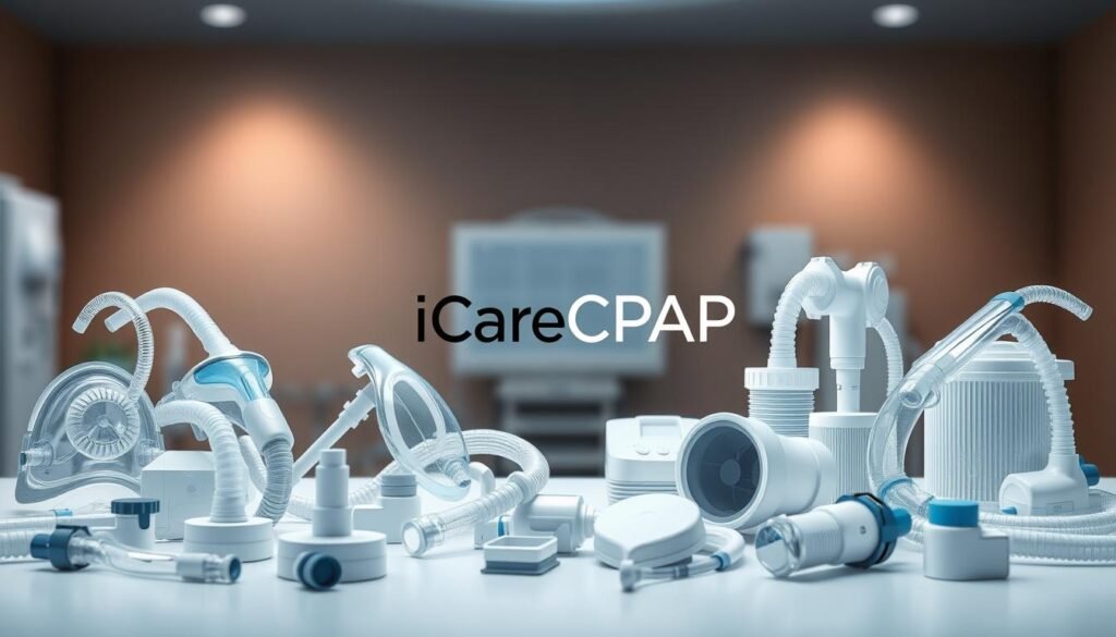 A high-quality, detailed illustration of assorted respiratory machine accessories including the iCareCPAP brand. The foreground features a variety of attachments and components such as face masks, tubing, filters, and humidifiers in a clean, clinical arrangement. The middle ground showcases the iCareCPAP logo prominently. The background has a soft, out-of-focus medical setting with muted lighting to create a professional, authoritative atmosphere. The entire composition conveys the technical nature and importance of respiratory machine accessories, aligning with the specified section title.