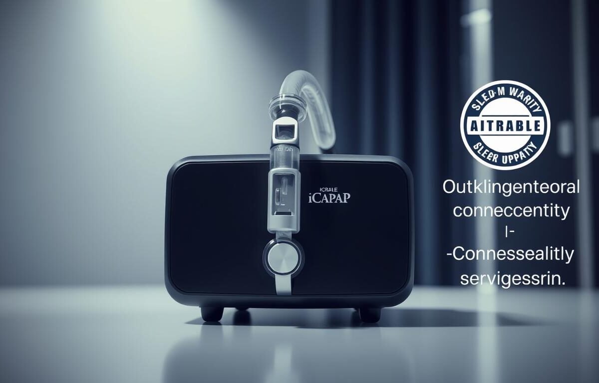 A high-quality photograph of a medical device, showcasing the iCareCPAP sleep apnea machine. The device is prominently displayed in the center of the frame, with a sleek, modern design and a matte-black finish. The lighting is soft and diffused, creating a soothing, clinical atmosphere. The background is blurred, allowing the machine to be the focal point. The image captures the attention-to-detail and premium craftsmanship of the iCareCPAP device, highlighting its reliable performance and long-lasting durability. The overall composition conveys the device's importance in providing effective sleep apnea treatment and the assurance of a comprehensive warranty and service plan.