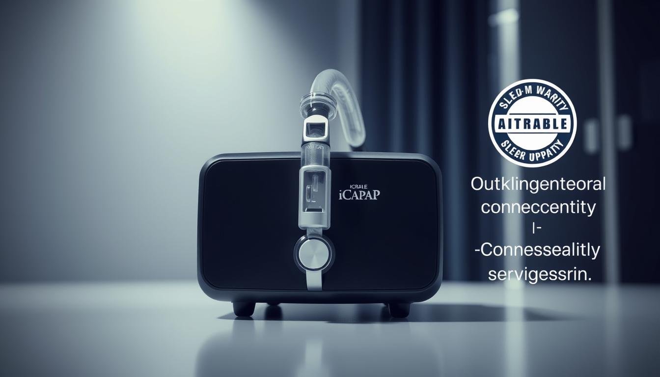 A high-quality photograph of a medical device, showcasing the iCareCPAP sleep apnea machine. The device is prominently displayed in the center of the frame, with a sleek, modern design and a matte-black finish. The lighting is soft and diffused, creating a soothing, clinical atmosphere. The background is blurred, allowing the machine to be the focal point. The image captures the attention-to-detail and premium craftsmanship of the iCareCPAP device, highlighting its reliable performance and long-lasting durability. The overall composition conveys the device's importance in providing effective sleep apnea treatment and the assurance of a comprehensive warranty and service plan.