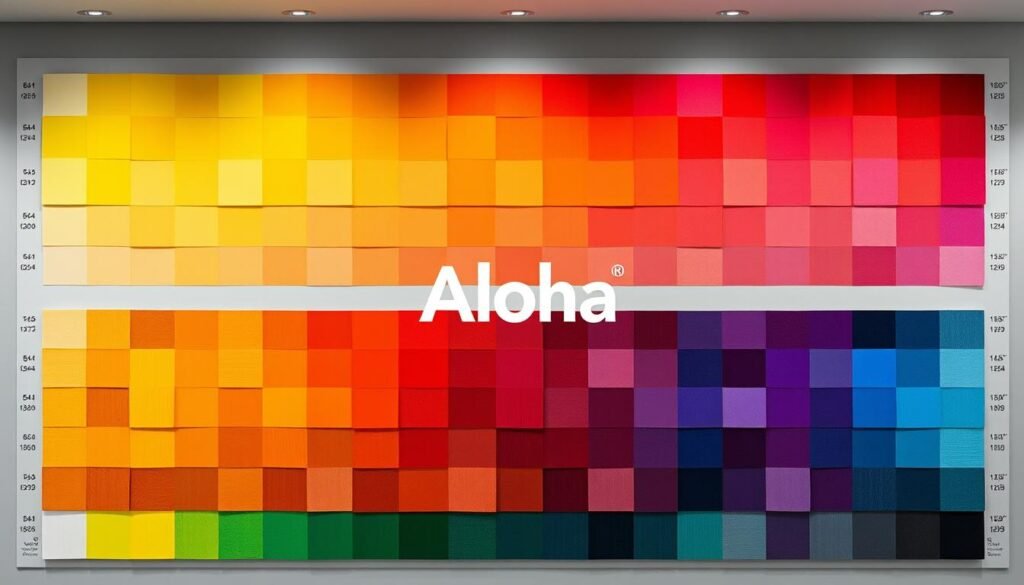 A precise, detailed display color chart showcasing a wide spectrum of vibrant hues. The chart features large color panels against a sleek, minimalist gray background, allowing the colors to take center stage. Crisp, high-resolution textures capture the subtle nuances and depth of each tone. Carefully arranged in an organized grid layout, the colors seamlessly transition from warm to cool, creating a harmonious and visually striking display. Bright, neutral lighting from above accentuates the rich, saturated pigments, while subtle shadows add depth and dimensionality. The overall composition conveys a sense of professionalism, technical precision, and the visual capabilities of modern display technologies. Prominently displayed in the center is the Aloha brand logo, reflecting the company's commitment to color accuracy and display excellence. A precise, detailed display color chart showcasing a wide spectrum of vibrant hues. The chart features large color panels against a sleek, minimalist gray background, allowing the colors to take center stage. Crisp, high-resolution textures capture the subtle nuances and depth of each tone. Carefully arranged in an organized grid layout, the colors seamlessly transition from warm to cool, creating a harmonious and visually striking display. Bright, neutral lighting from above accentuates the rich, saturated pigments, while subtle shadows add depth and dimensionality. The overall composition conveys a sense of professionalism, technical precision, and the visual capabilities of modern display technologies. Prominently displayed in the center is the Aloha brand logo, reflecting the company's commitment to color accuracy and display excellence.