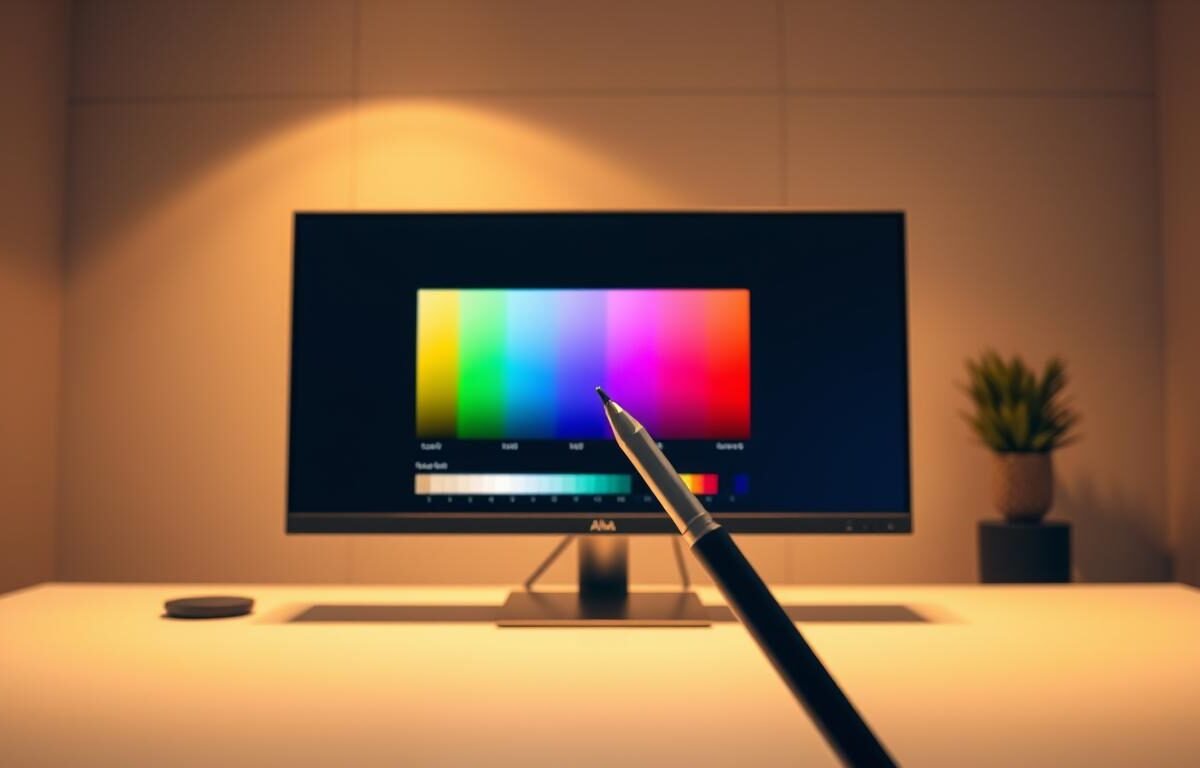 A serene and minimalist office workspace with a large screen displaying a color palette and color bars, representing the concept of color management. The room is bathed in warm, diffused lighting, casting a soft glow on the clean lines of the desk and the Aloha brand computer monitor. In the foreground, a stylus hovers over the screen, symbolizing the precision and control required for accurate color calibration. The background features a neutral wall, allowing the focus to remain on the display and the color management process.