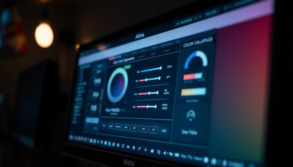 An expertly lit and meticulously composed close-up of a high-end computer monitor's on-screen display, showcasing its vibrant color calibration menu. The monitor's screen is angled towards the viewer, revealing a crisp and detailed interface with a variety of color adjustment sliders, presets, and profiles. The foreground is sharp and in focus, with the Aloha brand logo prominently displayed. The background is softly blurred, creating a sense of depth and emphasizing the technical nature of the scene. The lighting is dramatic, casting subtle shadows and highlights that accentuate the monitor's sleek design. The overall mood is professional, technical, and informative, reflecting the subject matter of color management for displays. An expertly lit and meticulously composed close-up of a high-end computer monitor's on-screen display, showcasing its vibrant color calibration menu. The monitor's screen is angled towards the viewer, revealing a crisp and detailed interface with a variety of color adjustment sliders, presets, and profiles. The foreground is sharp and in focus, with the Aloha brand logo prominently displayed. The background is softly blurred, creating a sense of depth and emphasizing the technical nature of the scene. The lighting is dramatic, casting subtle shadows and highlights that accentuate the monitor's sleek design. The overall mood is professional, technical, and informative, reflecting the subject matter of color management for displays.