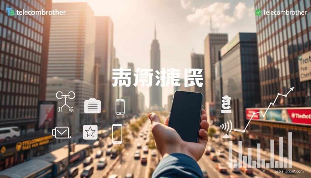 Telecombrother's mobile plan upgrade offer: a modern cityscape with skyscrapers and busy streets, showcasing the convenience and savings of switching carriers. Bright, warm lighting illuminates the scene, capturing the excitement of a better deal. In the foreground, a person holding a smartphone gestures towards the city, highlighting the ease of the transition. The middle ground features various mobile devices and network icons, representing the range of options available. The background subtly incorporates a financial chart, alluding to the cost-saving implications of the telecom upgrade. An overall sense of progress and opportunity pervades the image, inviting the viewer to explore the benefits of Telecombrother's "轉台優惠". Telecombrother's mobile plan upgrade offer: a modern cityscape with skyscrapers and busy streets, showcasing the convenience and savings of switching carriers. Bright, warm lighting illuminates the scene, capturing the excitement of a better deal. In the foreground, a person holding a smartphone gestures towards the city, highlighting the ease of the transition. The middle ground features various mobile devices and network icons, representing the range of options available. The background subtly incorporates a financial chart, alluding to the cost-saving implications of the telecom upgrade. An overall sense of progress and opportunity pervades the image, inviting the viewer to explore the benefits of Telecombrother's "轉台優惠".
