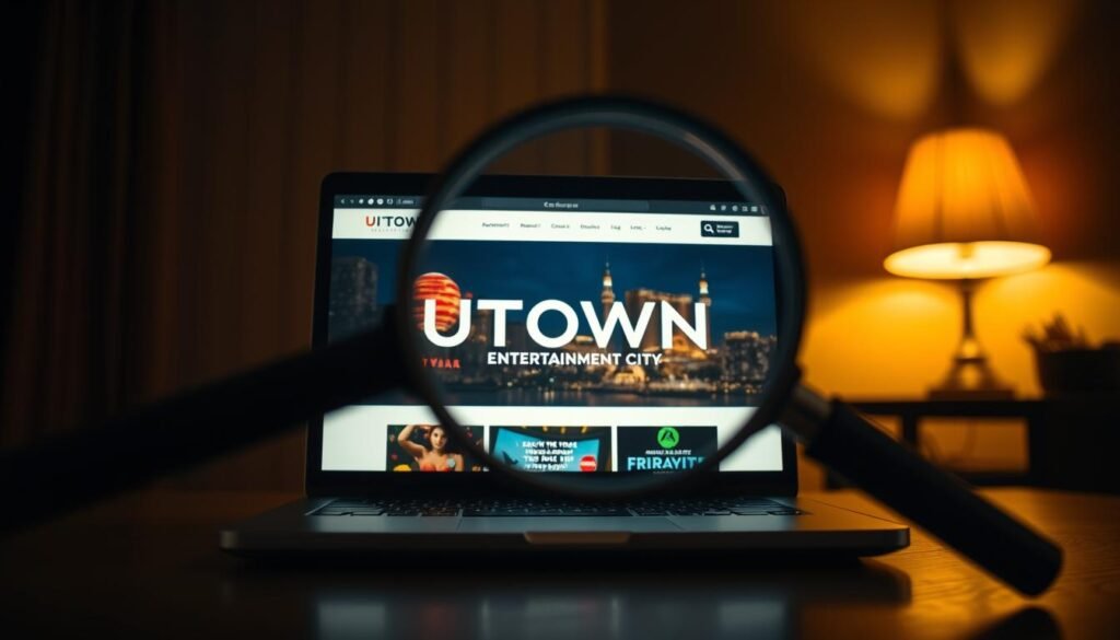 A dimly lit room with a laptop displaying the UTown entertainment city website. The laptop screen is reflected in a magnifying glass, casting a sharp focus on the website's details. The room is bathed in a warm, amber glow, creating an atmosphere of contemplation and scrutiny. The image conveys the idea of carefully examining the authenticity and reliability of the information presented on the UTown website, as a means of determining the truth behind the claims made about the entertainment city. A dimly lit room with a laptop displaying the UTown entertainment city website. The laptop screen is reflected in a magnifying glass, casting a sharp focus on the website's details. The room is bathed in a warm, amber glow, creating an atmosphere of contemplation and scrutiny. The image conveys the idea of carefully examining the authenticity and reliability of the information presented on the UTown website, as a means of determining the truth behind the claims made about the entertainment city.