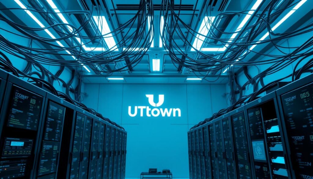 A high-security tech facility with multiple layers of encryption and digital safeguards. In the foreground, a cluster of servers and control panels, their screens displaying complex algorithms and data flows. Overhead, a network of cables and fiber optics criss-cross the space, casting dramatic shadows. The background is a sleek, minimalist interior with a large UTown logo prominently displayed, conveying a sense of technological sophistication and robustness. The lighting is a cool, blue-tinted hue, creating an atmosphere of precision and vigilance. The overall scene suggests the rigorous, multilayered approach to data protection that ensures the safety and trustworthiness of the UTown gaming platform. A high-security tech facility with multiple layers of encryption and digital safeguards. In the foreground, a cluster of servers and control panels, their screens displaying complex algorithms and data flows. Overhead, a network of cables and fiber optics criss-cross the space, casting dramatic shadows. The background is a sleek, minimalist interior with a large UTown logo prominently displayed, conveying a sense of technological sophistication and robustness. The lighting is a cool, blue-tinted hue, creating an atmosphere of precision and vigilance. The overall scene suggests the rigorous, multilayered approach to data protection that ensures the safety and trustworthiness of the UTown gaming platform.