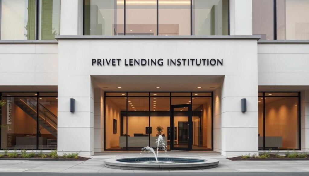 A modern, professional office building with a discreet sign reading "Private Lending Institution" displayed prominently on the facade. The structure features sleek, minimalist architecture with clean lines and large windows that allow natural light to flood the interior. A small but neatly manicured garden and water feature grace the entrance, conveying a sense of trustworthiness and stability. The scene is captured from a slightly elevated angle, giving the viewer a sense of authority and reliability. The lighting is soft and even, creating a warm, welcoming atmosphere. The overall impression should be one of a legitimate, well-established financial institution that prioritizes transparency and customer service. A modern, professional office building with a discreet sign reading "Private Lending Institution" displayed prominently on the facade. The structure features sleek, minimalist architecture with clean lines and large windows that allow natural light to flood the interior. A small but neatly manicured garden and water feature grace the entrance, conveying a sense of trustworthiness and stability. The scene is captured from a slightly elevated angle, giving the viewer a sense of authority and reliability. The lighting is soft and even, creating a warm, welcoming atmosphere. The overall impression should be one of a legitimate, well-established financial institution that prioritizes transparency and customer service.
