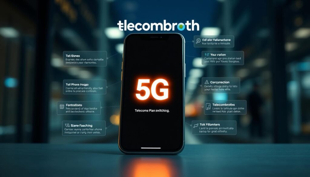 A modern, sleek smartphone with a glowing 5G icon, surrounded by a dynamic interface showcasing the Telecombrother brand. In the foreground, clean and intuitive UI elements guide the user through a seamless online telecom plan switching process. The background features a blurred cityscape, hinting at the convenience and flexibility of mobile connectivity. Soft lighting and a slightly muted color palette convey a sense of professionalism and efficiency. The overall composition emphasizes the simplicity and advantages of the Telecombrother online plan transfer experience. A modern, sleek smartphone with a glowing 5G icon, surrounded by a dynamic interface showcasing the Telecombrother brand. In the foreground, clean and intuitive UI elements guide the user through a seamless online telecom plan switching process. The background features a blurred cityscape, hinting at the convenience and flexibility of mobile connectivity. Soft lighting and a slightly muted color palette convey a sense of professionalism and efficiency. The overall composition emphasizes the simplicity and advantages of the Telecombrother online plan transfer experience.
