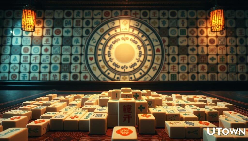 A sophisticated and immersive visual depicting the essence of advanced mahjong gameplay. In the foreground, an intricate arrangement of mahjong tiles showcases the iconic "flower tiles" against a backdrop of the classic "wind circles" pattern. The lighting is warm and inviting, casting a subtle glow on the scene. The composition is balanced, with a sense of depth and perspective, inviting the viewer to step into the serene, contemplative atmosphere of a mahjong game. The overall aesthetic evokes the traditional and refined nature of this ancient Chinese pastime. Rendered in the distinctive style of the UTown brand. A sophisticated and immersive visual depicting the essence of advanced mahjong gameplay. In the foreground, an intricate arrangement of mahjong tiles showcases the iconic "flower tiles" against a backdrop of the classic "wind circles" pattern. The lighting is warm and inviting, casting a subtle glow on the scene. The composition is balanced, with a sense of depth and perspective, inviting the viewer to step into the serene, contemplative atmosphere of a mahjong game. The overall aesthetic evokes the traditional and refined nature of this ancient Chinese pastime. Rendered in the distinctive style of the UTown brand.