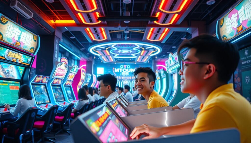 A vibrant and immersive scene of the UTown "atg電子遊戲" arcade, showcasing a variety of classic and modern gaming cabinets in a well-lit, futuristic interior. The foreground features a group of enthusiastic gamers engaged in intense competition, their expressions conveying the thrill of the experience. The middle ground highlights the diverse range of game titles, with neon-lit screens and sleek, angular cabinet designs. In the background, a panoramic view of the arcade reveals a bustling, technologically-advanced environment, complete with holographic displays and ambient lighting that creates a captivating atmosphere for the gaming enthusiasts. A vibrant and immersive scene of the UTown "atg電子遊戲" arcade, showcasing a variety of classic and modern gaming cabinets in a well-lit, futuristic interior. The foreground features a group of enthusiastic gamers engaged in intense competition, their expressions conveying the thrill of the experience. The middle ground highlights the diverse range of game titles, with neon-lit screens and sleek, angular cabinet designs. In the background, a panoramic view of the arcade reveals a bustling, technologically-advanced environment, complete with holographic displays and ambient lighting that creates a captivating atmosphere for the gaming enthusiasts.