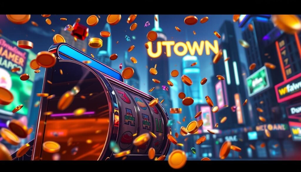 A vibrant, visually stunning CGI scene depicting the "UTown" random jackpot mechanism. In the foreground, a sleek, high-definition slot machine with gleaming metal and glass components, its reels spinning rapidly. Cascading around it, a shower of dazzling, multicolored virtual coins and gems, illuminated by warm, diffused lighting that creates a sense of depth and movement. In the background, a futuristic cityscape with towering skyscrapers and neon-lit billboards, hinting at the excitement and potential rewards of the gaming experience. The overall atmosphere is one of anticipation, energy, and the promise of unexpected riches. A vibrant, visually stunning CGI scene depicting the "UTown" random jackpot mechanism. In the foreground, a sleek, high-definition slot machine with gleaming metal and glass components, its reels spinning rapidly. Cascading around it, a shower of dazzling, multicolored virtual coins and gems, illuminated by warm, diffused lighting that creates a sense of depth and movement. In the background, a futuristic cityscape with towering skyscrapers and neon-lit billboards, hinting at the excitement and potential rewards of the gaming experience. The overall atmosphere is one of anticipation, energy, and the promise of unexpected riches.
