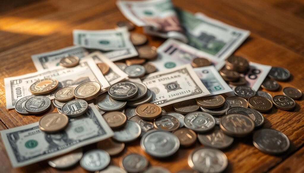 A close-up shot of various currency notes and coins, including Taiwan New Dollars, scattered on a wooden surface. The lighting is warm and slightly diffused, creating a sense of intimacy and approachability. The image showcases the diverse types of lending and borrowing options available in the informal financial sector, known as "民間貸款" or private lending. The scene conveys a sense of accessibility and flexibility, hinting at the unique characteristics and potential advantages of this alternative lending landscape.