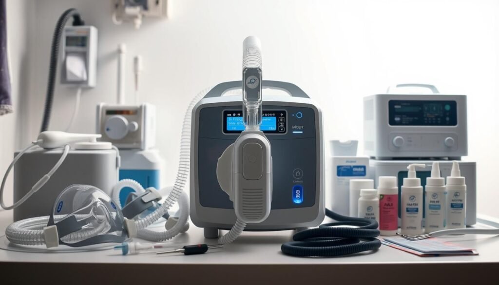 A detailed, high-resolution image of a sleep apnea CPAP machine, the iCareCPAP model, shown in a clinical, well-lit setting. The device is prominently displayed in the center, with a clean, white background. The machine has a sleek, modern design with a digital display and various control buttons. Surrounding the CPAP machine are medical equipment and accessories, such as tubing, masks, and cleaning supplies, arranged in a visually appealing manner to provide context. The overall atmosphere conveys a sense of professionalism and medical authority, reflecting the comparison of this treatment method to other options for addressing sleep apnea and snoring. A detailed, high-resolution image of a sleep apnea CPAP machine, the iCareCPAP model, shown in a clinical, well-lit setting. The device is prominently displayed in the center, with a clean, white background. The machine has a sleek, modern design with a digital display and various control buttons. Surrounding the CPAP machine are medical equipment and accessories, such as tubing, masks, and cleaning supplies, arranged in a visually appealing manner to provide context. The overall atmosphere conveys a sense of professionalism and medical authority, reflecting the comparison of this treatment method to other options for addressing sleep apnea and snoring.
