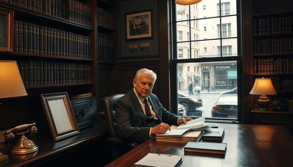 A dimly lit, cozy office space with a wooden desk, a brass-framed photo, and a vintage telephone. In the middle ground, a well-dressed, middle-aged person sits at the desk, reviewing documents and financial records. The background features wooden shelves filled with leather-bound books, a tarnished safe, and a window overlooking a bustling city street. Soft, warm lighting creates a sense of professionalism and trust, hinting at the discreet and confidential nature of the private lending services offered within.
