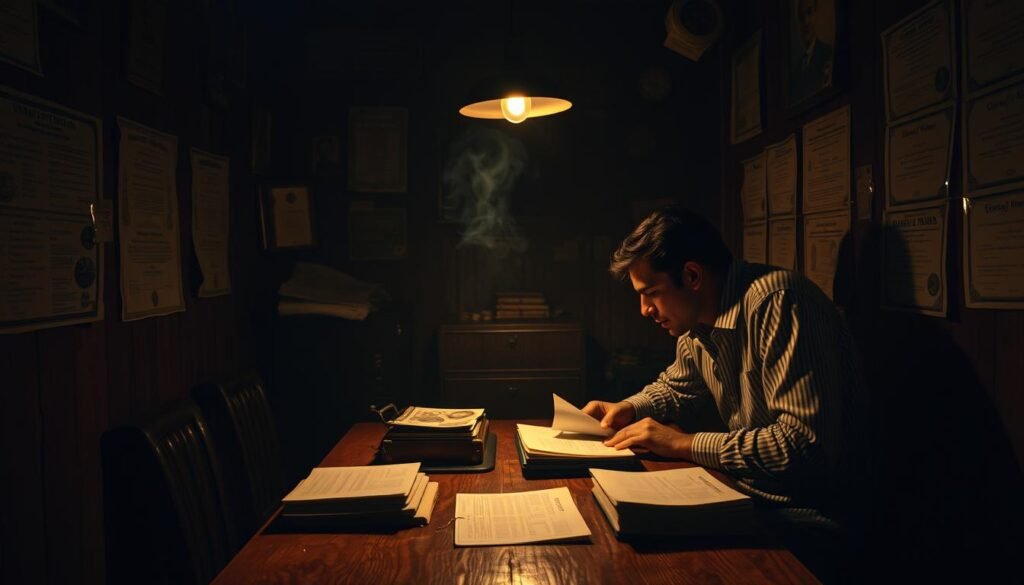 A dimly lit room, the walls adorned with tattered posters and faded certificates. In the center, a wooden table holds stacks of documents, a well-worn ledger, and a heavy metal safe. The air is thick with the scent of tobacco and the sound of hushed negotiations. A single, flickering lamp casts long shadows, creating an atmosphere of mystery and intrigue. Two individuals, their faces partially obscured, lean in across the table, discussing the terms of a private loan transaction. The scene evokes the clandestine world of informal finance, where trust and reputation are the foundation of a system operating outside the bounds of traditional banking.