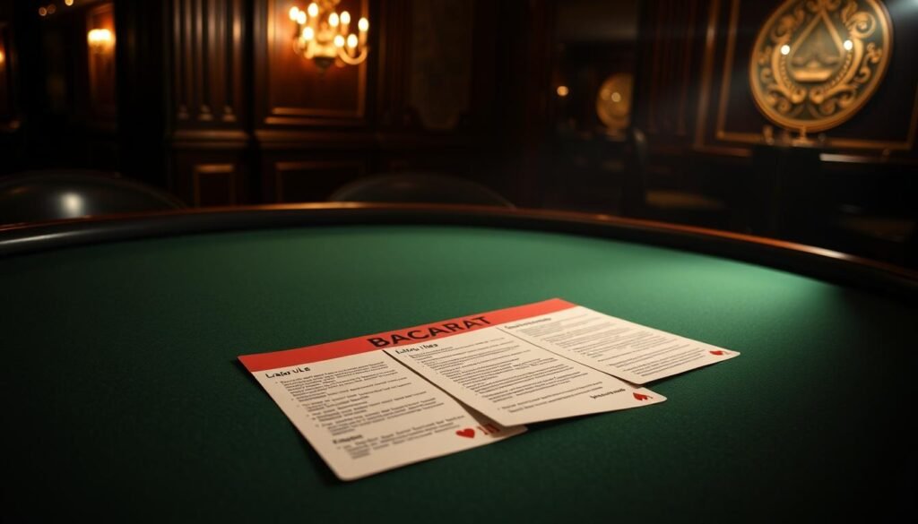 A dimly lit table in a classic casino setting, the green felt surface contrasting with the warm glow of ornate wooden accents. On the table, a clear display of the baccarat game rules, meticulously arranged with precision. Subtle shadows cast by a single, focused spotlight create depth and draw the viewer's attention to the essential details. The overall atmosphere exudes a sense of sophistication and elegance, befitting the subject of mastering the fundamentals of this timeless card game. A dimly lit table in a classic casino setting, the green felt surface contrasting with the warm glow of ornate wooden accents. On the table, a clear display of the baccarat game rules, meticulously arranged with precision. Subtle shadows cast by a single, focused spotlight create depth and draw the viewer's attention to the essential details. The overall atmosphere exudes a sense of sophistication and elegance, befitting the subject of mastering the fundamentals of this timeless card game.