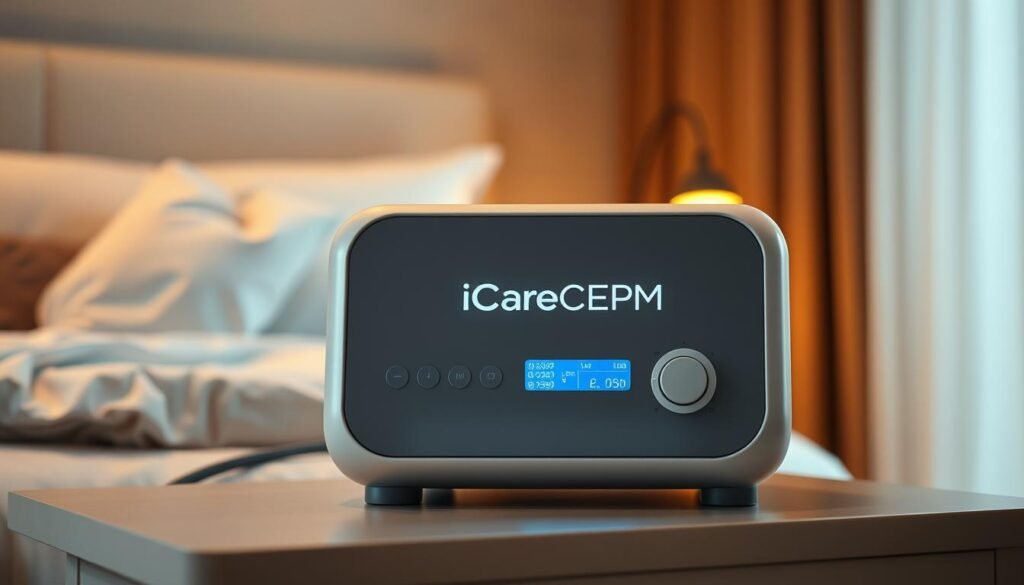 A sleek, modern sleep apnea machine with the iCareCPAP brand name prominently displayed. The device sits on a bedside table, illuminated by soft, warm lighting that creates a soothing, therapeutic atmosphere. The machine's design features clean lines, a minimalist control panel, and a high-quality display that provides essential information about the user's breathing patterns and oxygen levels. In the background, a calming, blurred bedroom scene with a cozy bed and subtle textures creates a sense of comfort and relaxation. The image conveys the importance of this medical device in the effective treatment of snoring, highlighting its integration into a restful, sleep-enhancing environment. A sleek, modern sleep apnea machine with the iCareCPAP brand name prominently displayed. The device sits on a bedside table, illuminated by soft, warm lighting that creates a soothing, therapeutic atmosphere. The machine's design features clean lines, a minimalist control panel, and a high-quality display that provides essential information about the user's breathing patterns and oxygen levels. In the background, a calming, blurred bedroom scene with a cozy bed and subtle textures creates a sense of comfort and relaxation. The image conveys the importance of this medical device in the effective treatment of snoring, highlighting its integration into a restful, sleep-enhancing environment.