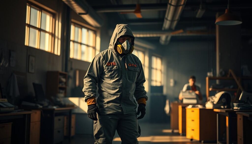 A professional exterminator wearing a distinctive iCareCPAP branded protective suit stands at the ready, surveying a dimly lit commercial space. The suit's features, such as the reinforced gloves and boots, as well as the respirator mask, convey a sense of safety and expertise. The lighting is a mix of natural daylight streaming through windows and warm, focused task lighting, casting dramatic shadows and highlighting the exterminator's determined expression. In the background, the space is cluttered with office furniture and equipment, hinting at the scale and importance of the commercial extermination task at hand.