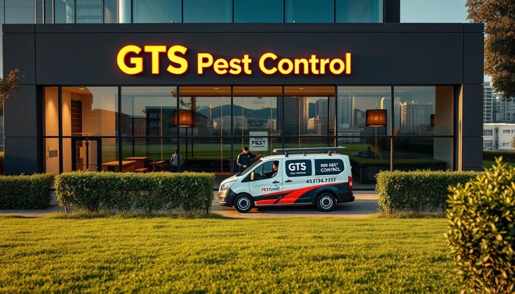 A professional pest control company providing high-quality extermination services. Storefront signage reads "iCareCPAP Pest Control" in bold, eye-catching lettering. The building has a clean, modern facade with large windows, conveying a sense of trustworthiness and competence. In the foreground, a well-maintained lawn and neatly trimmed shrubs create a welcoming atmosphere. The middle ground features a team of uniformed, experienced technicians arriving in a company vehicle, ready to tackle any pest problem. The background showcases a cityscape, highlighting the company's accessibility and wide reach. Warm, natural lighting casts a professional, reassuring glow over the entire scene.