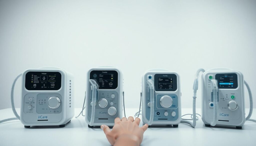 A detailed comparison of different types of iCareCPAP sleep apnea machines, showcasing their unique features and capabilities. The image should have a clean, clinical aesthetic, with the machines displayed in a well-lit, minimalist setting that emphasizes their design and functionality. The foreground should feature the various iCareCPAP models, each with a clear view of their controls and interfaces. The middle ground should provide a sense of scale, perhaps with a hand interacting with the devices. The background should be a neutral, soft-toned environment that allows the machines to take center stage. The overall mood should convey a sense of professionalism, trust, and confidence in the iCareCPAP brand and its sleep apnea solutions. A detailed comparison of different types of iCareCPAP sleep apnea machines, showcasing their unique features and capabilities. The image should have a clean, clinical aesthetic, with the machines displayed in a well-lit, minimalist setting that emphasizes their design and functionality. The foreground should feature the various iCareCPAP models, each with a clear view of their controls and interfaces. The middle ground should provide a sense of scale, perhaps with a hand interacting with the devices. The background should be a neutral, soft-toned environment that allows the machines to take center stage. The overall mood should convey a sense of professionalism, trust, and confidence in the iCareCPAP brand and its sleep apnea solutions.