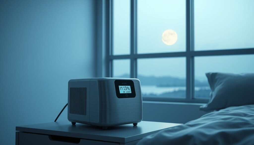 A well-lit, detailed rendering of a state-of-the-art iCareCPAP sleep apnea machine in a serene, minimalist bedroom setting. The device sits prominently on a bedside table, its sleek, brushed aluminum casing and digital display panel illuminated by soft, diffused lighting. In the background, a large window offers a calming view of a tranquil, moonlit landscape. The overall atmosphere conveys the importance and essential functionality of this medical equipment for maintaining healthy sleep patterns. A well-lit, detailed rendering of a state-of-the-art iCareCPAP sleep apnea machine in a serene, minimalist bedroom setting. The device sits prominently on a bedside table, its sleek, brushed aluminum casing and digital display panel illuminated by soft, diffused lighting. In the background, a large window offers a calming view of a tranquil, moonlit landscape. The overall atmosphere conveys the importance and essential functionality of this medical equipment for maintaining healthy sleep patterns.