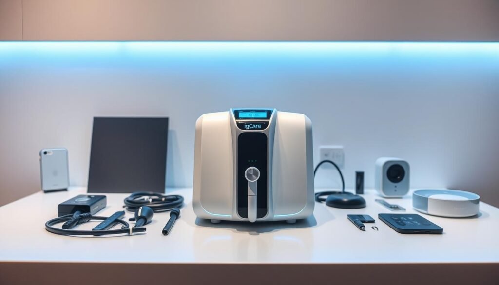 A sleek, modern medical device rests on a minimalist white tabletop, its soft blue LED lights casting a calming glow. The iCareCPAP sleep apnea machine sits at the center, its streamlined design and intuitive controls hinting at the advanced technology within. Surrounding it, a clutter-free arrangement of accessories and personalized settings suggests the expertise and care of the "Yalen Sleep Apnea Specialty Store." The lighting is evenly diffused, creating a professional yet inviting atmosphere, perfectly suited to showcase the device's capabilities in improving the quality of life for sleep apnea patients.