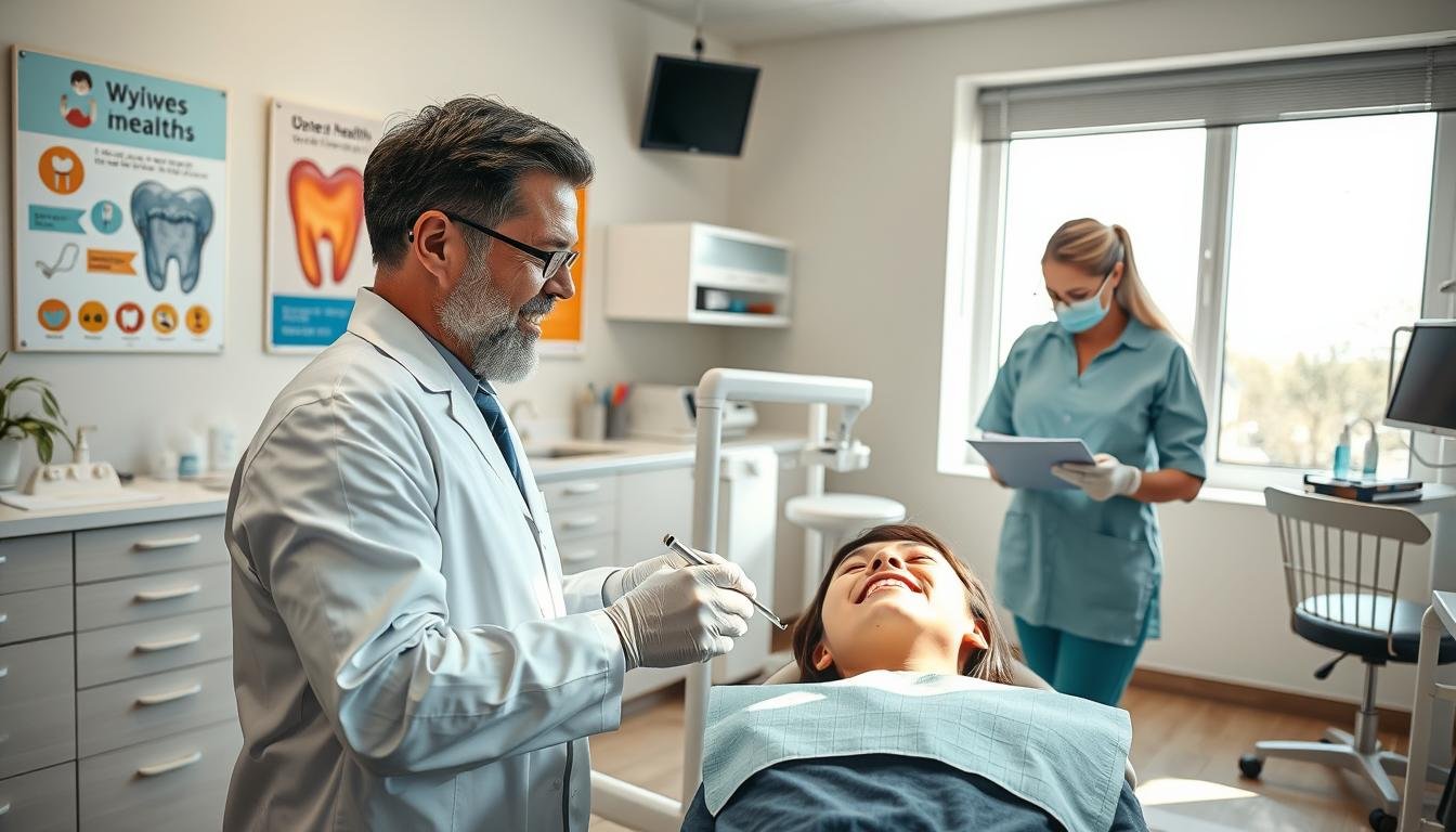 A bright and clean dental office scene showcasing the importance of regular dental cleanings. In the foreground, a friendly dentist in professional attire is demonstrating the teeth cleaning process on a patient sitting in a dental chair. The dentist is focused and engaging, using dental tools with precision. In the middle ground, a dental hygienist is preparing instruments and checking dental records, highlighting a teamwork atmosphere in the clinic. The background features a modern dental setup with posters about oral health and hygiene, colorful dental tools, and a large window allowing natural light to fill the space, creating an inviting and informative ambiance. The image conveys a professional and caring mood, emphasizing the significance of regular dental check-ups for maintaining oral health.