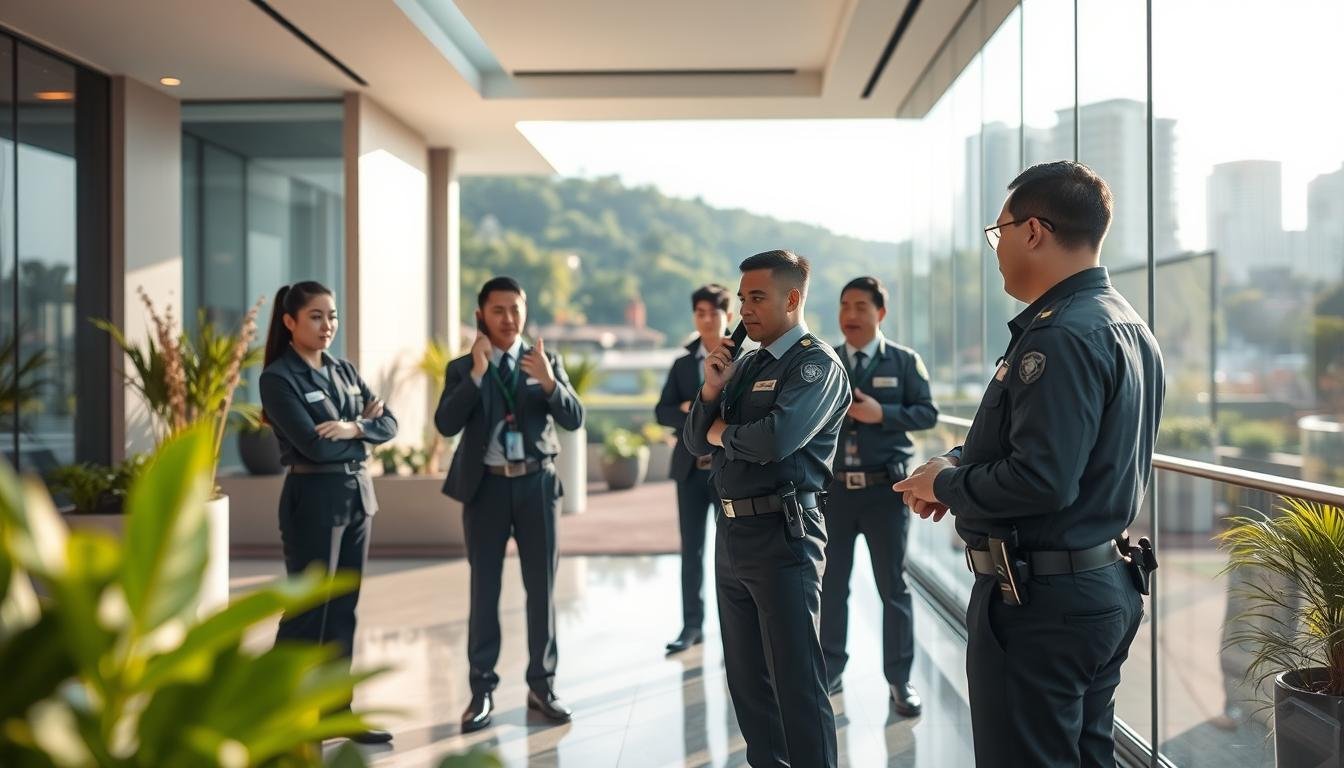 A professional security team from HKSSC, dressed in smart uniforms, is engaged in a property management setting. In the foreground, security personnel are discussing and strategizing in a well-lit lobby, equipped with communication devices. The middle ground features a modern property with sleek design elements and large glass windows, creating a sense of professionalism and order. In the background, lush landscaping and high-rise buildings suggest an urban environment, emphasizing the role of security in property management. Soft, natural lighting floods the scene, creating an atmosphere of trust and reliability. The image should capture a sense of collaboration and vigilance, conveying HKSSC's commitment to safety in property management.