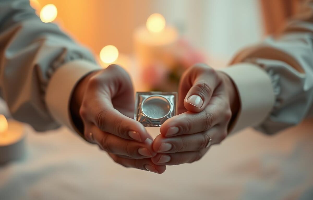 A close-up image depicting a pair of hands gently holding a safety condom, symbolizing the positive impact on health and well-being in relationships. The hands are adorned with subtle, professional attire, set against a softly blurred background of a romantic setting with warm lighting. The focus is on the hands and the condom in sharp detail, emphasizing a sense of care and responsibility. The middle ground features a hint of soft, glowing candles and flowers, suggesting intimacy and warmth. The overall mood is cozy and inviting, evoking feelings of safety and connection. The image should be organized in a 4:3 aspect ratio to enhance the cinematic vibe, with a shallow depth of field that draws the viewer's eye to the foreground while maintaining a serene ambiance.