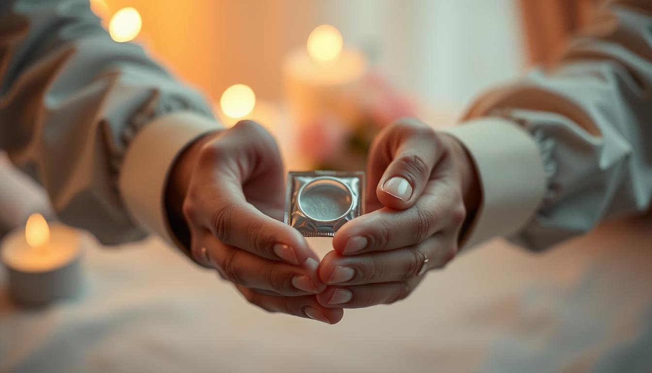 A close-up image depicting a pair of hands gently holding a safety condom, symbolizing the positive impact on health and well-being in relationships. The hands are adorned with subtle, professional attire, set against a softly blurred background of a romantic setting with warm lighting. The focus is on the hands and the condom in sharp detail, emphasizing a sense of care and responsibility. The middle ground features a hint of soft, glowing candles and flowers, suggesting intimacy and warmth. The overall mood is cozy and inviting, evoking feelings of safety and connection. The image should be organized in a 4:3 aspect ratio to enhance the cinematic vibe, with a shallow depth of field that draws the viewer's eye to the foreground while maintaining a serene ambiance.