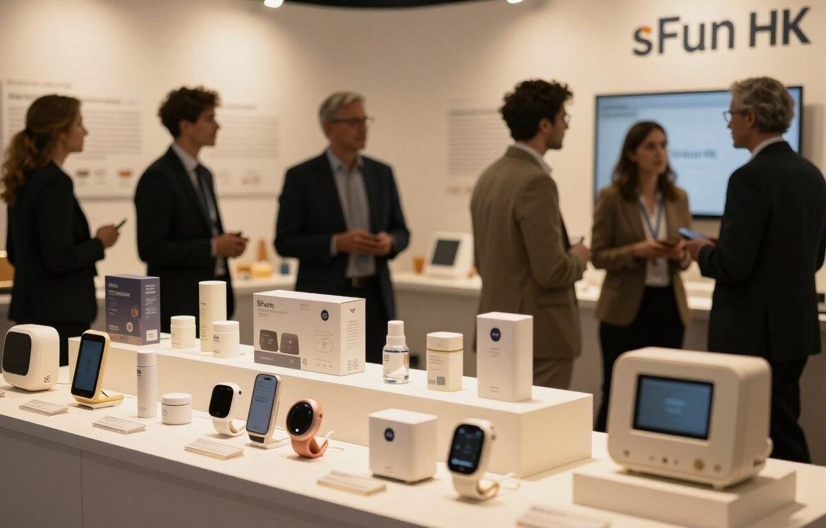 A stylish display of high-quality, safe adult products and simulated devices at a softly lit exhibition booth. The foreground showcases elegantly arranged products in tasteful packaging, focusing on premium materials and craftsmanship. In the middle, a diverse group of individuals dressed in professional business attire engage in discussions, highlighting the significance of brand quality and safety. The background features subtle branding elements representing the sFun HK brand, with warm, inviting lighting creating a cozy and intimate atmosphere. The image evokes a sense of trust and professionalism, with a cinematic vibe, captured from a slightly elevated angle to give a comprehensive view of the display. The composition is in a 4:3 aspect ratio, ensuring a harmonious and balanced look.
