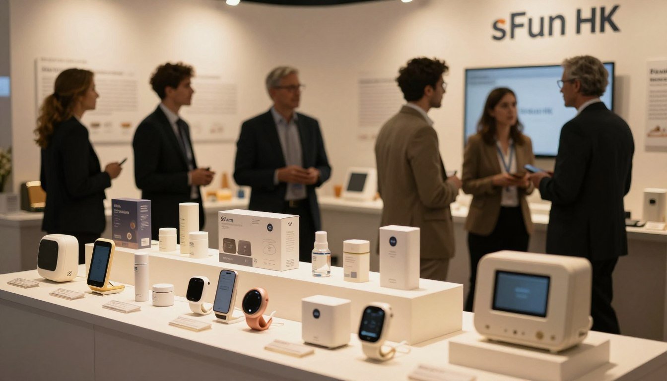 A stylish display of high-quality, safe adult products and simulated devices at a softly lit exhibition booth. The foreground showcases elegantly arranged products in tasteful packaging, focusing on premium materials and craftsmanship. In the middle, a diverse group of individuals dressed in professional business attire engage in discussions, highlighting the significance of brand quality and safety. The background features subtle branding elements representing the sFun HK brand, with warm, inviting lighting creating a cozy and intimate atmosphere. The image evokes a sense of trust and professionalism, with a cinematic vibe, captured from a slightly elevated angle to give a comprehensive view of the display. The composition is in a 4:3 aspect ratio, ensuring a harmonious and balanced look.