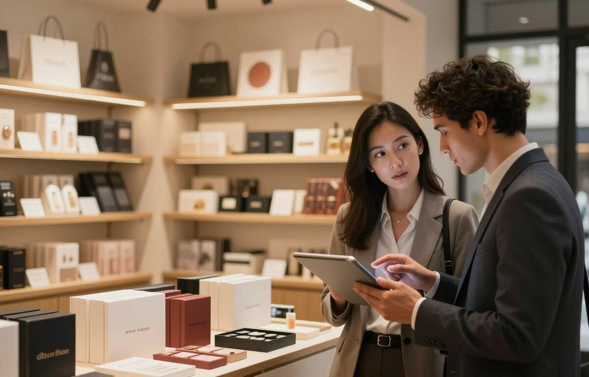 A visually engaging representation of the growth trends in the adult product market, showcasing a stylish, modern storefront filled with a variety of discreet, elegant items on sleek shelves. In the foreground, a diverse couple in professional attire, analyzing sales data on a tablet, exuding curiosity and engagement. The middle ground features neatly organized displays of products, highlighted under warm, inviting lighting that creates a cozy and intimate atmosphere. The background consists of a softly blurred city street scene, hinting at a thriving urban environment. The overall mood conveys innovation and consumer interest, captured in a cinematic style with a 4:3 aspect ratio.