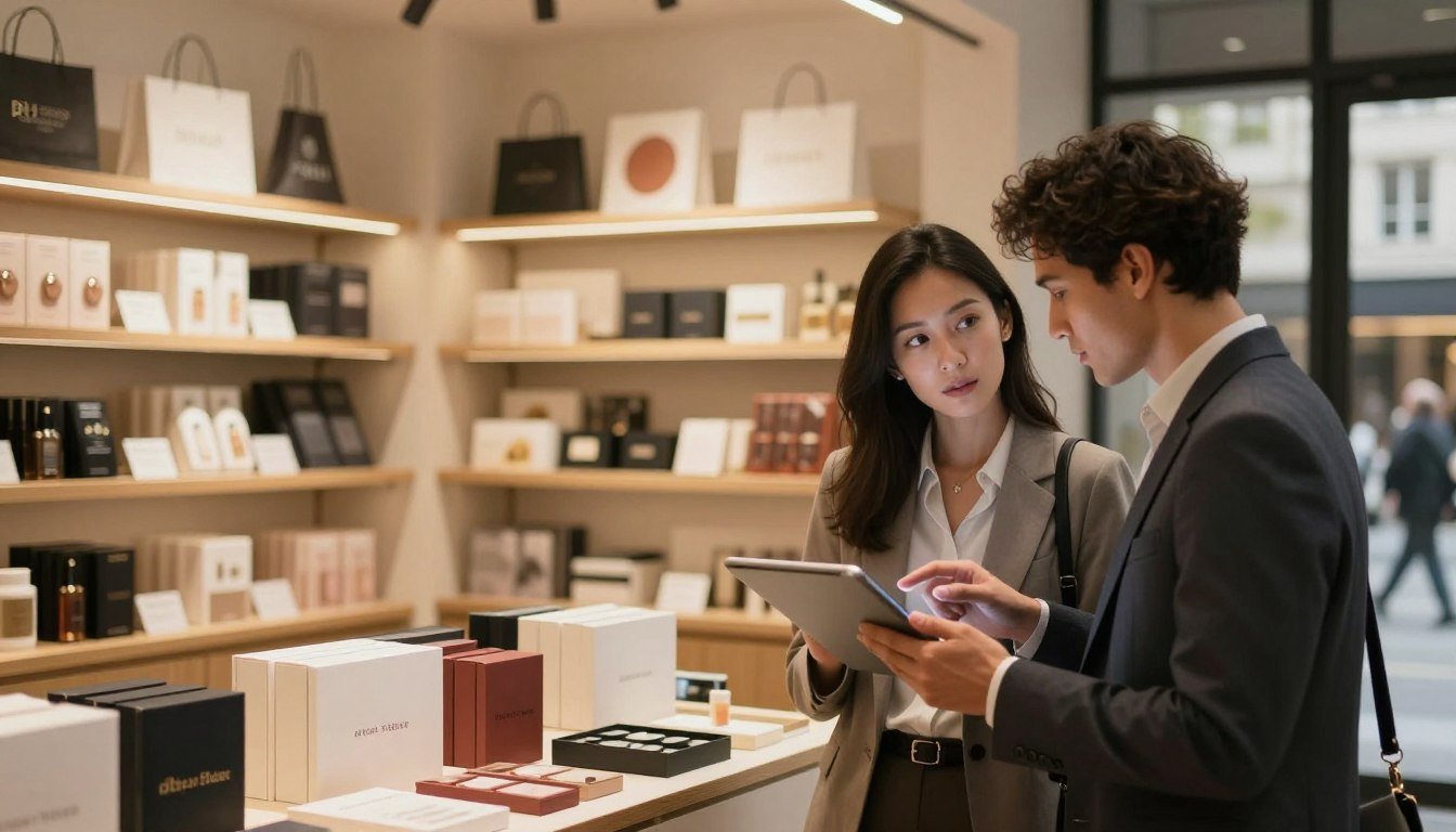 A visually engaging representation of the growth trends in the adult product market, showcasing a stylish, modern storefront filled with a variety of discreet, elegant items on sleek shelves. In the foreground, a diverse couple in professional attire, analyzing sales data on a tablet, exuding curiosity and engagement. The middle ground features neatly organized displays of products, highlighted under warm, inviting lighting that creates a cozy and intimate atmosphere. The background consists of a softly blurred city street scene, hinting at a thriving urban environment. The overall mood conveys innovation and consumer interest, captured in a cinematic style with a 4:3 aspect ratio.