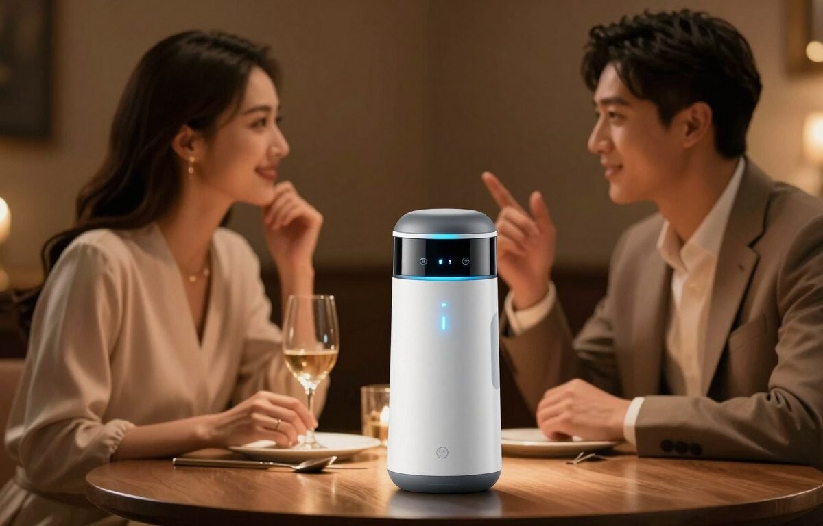 An innovative electric aircraft cup designed for multifunctional use, prominently displayed in the foreground, showcasing sleek lines and high-tech materials. The cup features interactive elements such as LED indicators and ergonomic grips. In the middle ground, two elegantly dressed individuals are engaged in a warm conversation, exuding a cozy and intimate atmosphere, surrounded by soft, warm lighting that enhances the romantic vibe. The background includes dimly lit decor to evoke a cinematic ambiance, reinforcing the theme of intimacy. The image should evoke a sense of elegance and sophistication while maintaining comfort and safety, captured with a shallow depth of field to draw focus on the product. 4:3 aspect ratio, well-balanced composition.
