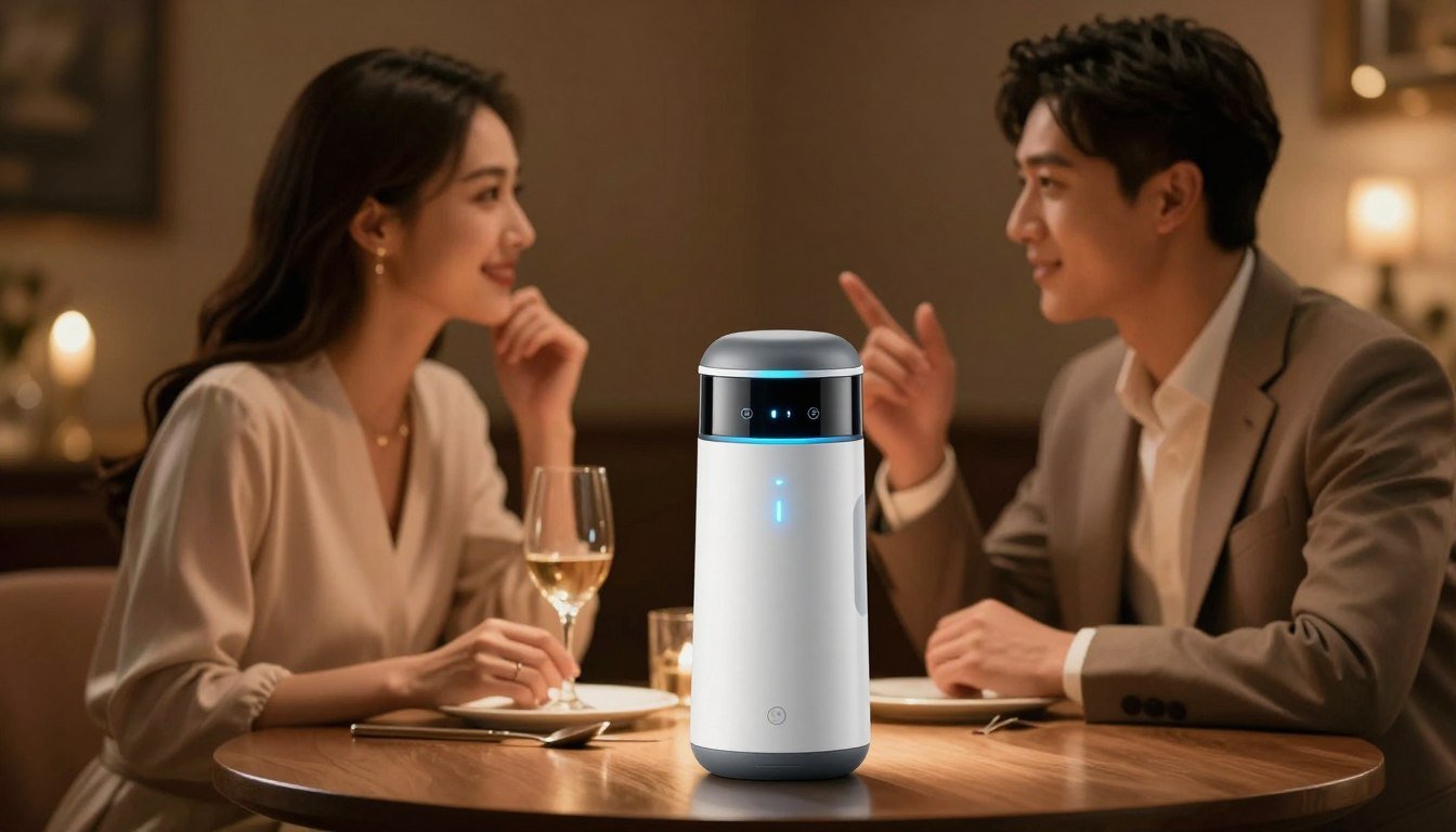 An innovative electric aircraft cup designed for multifunctional use, prominently displayed in the foreground, showcasing sleek lines and high-tech materials. The cup features interactive elements such as LED indicators and ergonomic grips. In the middle ground, two elegantly dressed individuals are engaged in a warm conversation, exuding a cozy and intimate atmosphere, surrounded by soft, warm lighting that enhances the romantic vibe. The background includes dimly lit decor to evoke a cinematic ambiance, reinforcing the theme of intimacy. The image should evoke a sense of elegance and sophistication while maintaining comfort and safety, captured with a shallow depth of field to draw focus on the product. 4:3 aspect ratio, well-balanced composition.