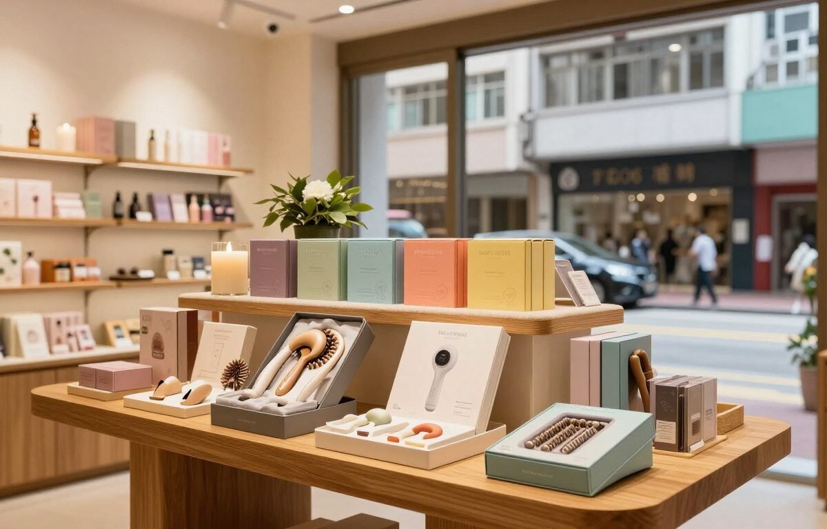 A beautifully arranged display of various adult products in a chic Hong Kong boutique. In the foreground, showcase an elegant wooden table with assorted items, such as personal massagers and wellness products, all presented in aesthetically pleasing packaging. The middle layer features plush shelves filled with colorful boxes, emphasizing variety and quality, while tasteful decorations like candles and small plants create a warm atmosphere. In the background, softly lit, are stylish storefront windows revealing a bustling Hong Kong street scene, blending urban life with intimacy. Soft, warm lighting enhances the cozy and inviting mood of the space. Use a 4:3 aspect ratio, capturing the products and ambiance harmoniously.