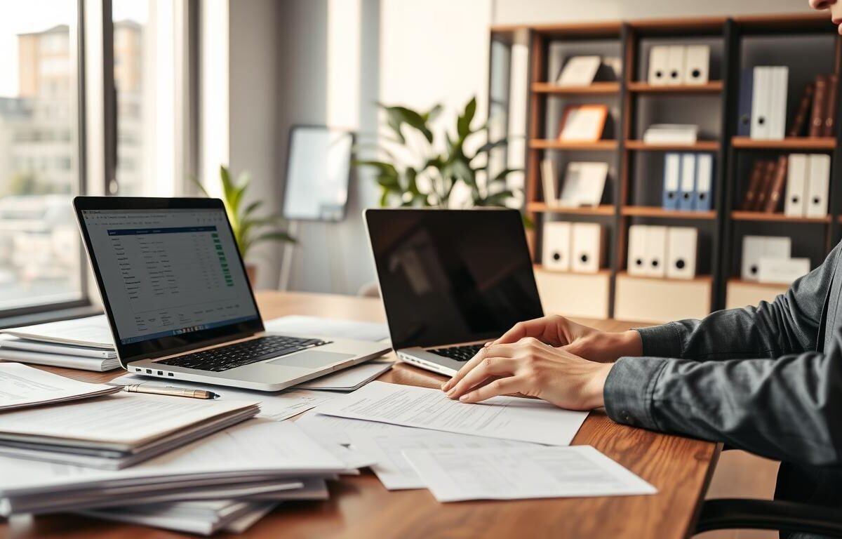 A professional office setting focused on document preparation for company applications. In the foreground, a sleek wooden desk cluttered with various folders, application forms, and a laptop displaying spreadsheets. A pair of hands, clad in formal business attire, diligently types on the laptop. In the middle ground, a large window allows soft, natural light to flood the room, giving warmth and focus to the scene, while a potted plant adds a touch of greenery. The background features a modern bookshelf filled with business-related books and certificates. The atmosphere is one of concentration and professionalism, ideal for illustrating the theme of document preparation and application procedures.