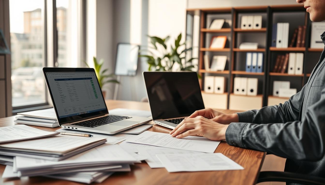 A professional office setting focused on document preparation for company applications. In the foreground, a sleek wooden desk cluttered with various folders, application forms, and a laptop displaying spreadsheets. A pair of hands, clad in formal business attire, diligently types on the laptop. In the middle ground, a large window allows soft, natural light to flood the room, giving warmth and focus to the scene, while a potted plant adds a touch of greenery. The background features a modern bookshelf filled with business-related books and certificates. The atmosphere is one of concentration and professionalism, ideal for illustrating the theme of document preparation and application procedures.