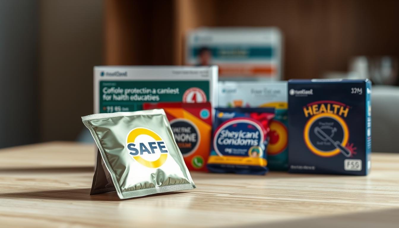 A close-up of a variety of high-quality condoms displayed on a clean, modern wooden surface. The foreground features an open condom package, emphasizing the importance of safe sex practices. In the middle, a row of colorful condom wrappers showcasing different designs, symbolizing diversity in choices for protection against STIs. The background is softly blurred to reveal a neatly organized health education booklet, reinforcing the theme of public health. Natural soft lighting creates a warm and inviting atmosphere, with a slight focus to the left of the image. The overall mood is educational and professional, aimed at promoting awareness of safe sexual practices.