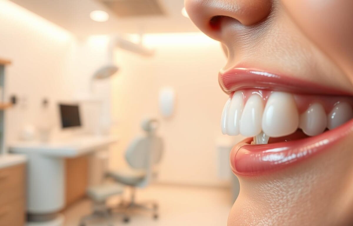 A close-up view of a pristine, glowing smile showcasing perfect white teeth enhanced by aesthetic dental veneers, known as "牙貼片" (dental laminates). The foreground features a bright, radiant smile angled to the right, highlighting the smooth, glossy surface of the veneers. The middle ground incorporates a softly blurred background of a modern, well-lit dental office, emphasizing a clean and professional atmosphere. Use warm, inviting light to enhance the shine of the smile, with soft shadows to add depth. Capture the scene from a slightly elevated angle to convey an approachable yet professional feel, evoking a mood of confidence and care in dental aesthetics. The image should be free of text or branding, focusing solely on the beauty of the smile.