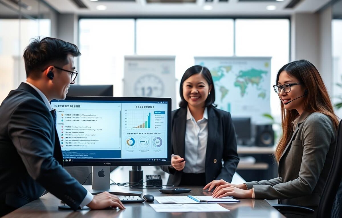 A professional and visually engaging image depicting a technical solution for 3A娛樂城, inspired by common technical issues faced by players in Taiwan. In the foreground, showcase a diverse group of four tech support specialists, dressed in smart business attire, gathered around a computer workstation displaying troubleshooting options on the screen. The middle ground features charts and diagrams related to gaming technology solutions, emphasizing diagnostics and fixes. In the background, a modern office environment with soft lighting creates a collaborative atmosphere. Use a slight depth of field to focus on the specialists while subtly blurring the background. The overall mood should be one of professionalism and problem-solving, conveying a sense of reliability and expertise in addressing technical challenges for gamers.