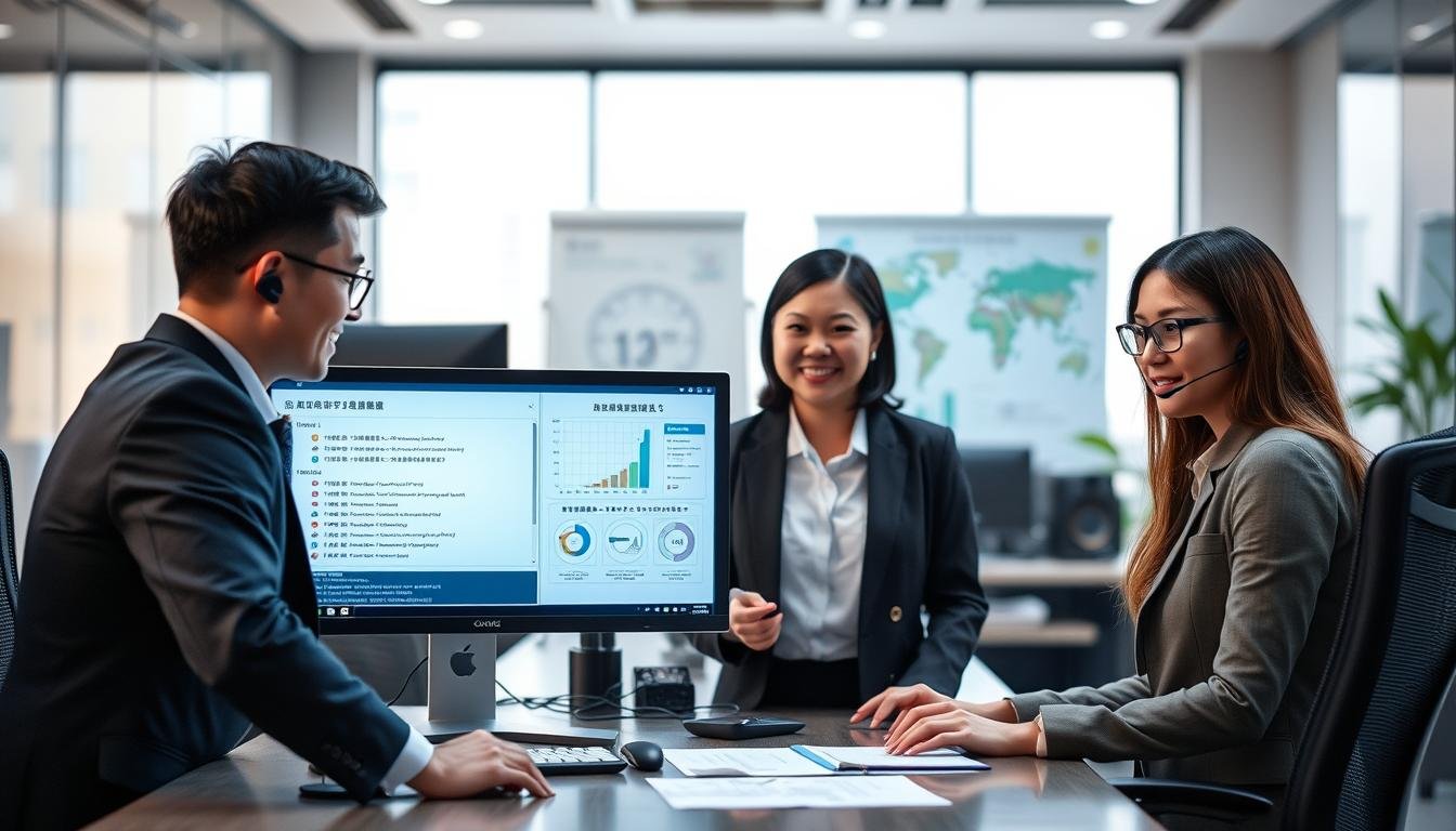 A professional and visually engaging image depicting a technical solution for 3A娛樂城, inspired by common technical issues faced by players in Taiwan. In the foreground, showcase a diverse group of four tech support specialists, dressed in smart business attire, gathered around a computer workstation displaying troubleshooting options on the screen. The middle ground features charts and diagrams related to gaming technology solutions, emphasizing diagnostics and fixes. In the background, a modern office environment with soft lighting creates a collaborative atmosphere. Use a slight depth of field to focus on the specialists while subtly blurring the background. The overall mood should be one of professionalism and problem-solving, conveying a sense of reliability and expertise in addressing technical challenges for gamers.