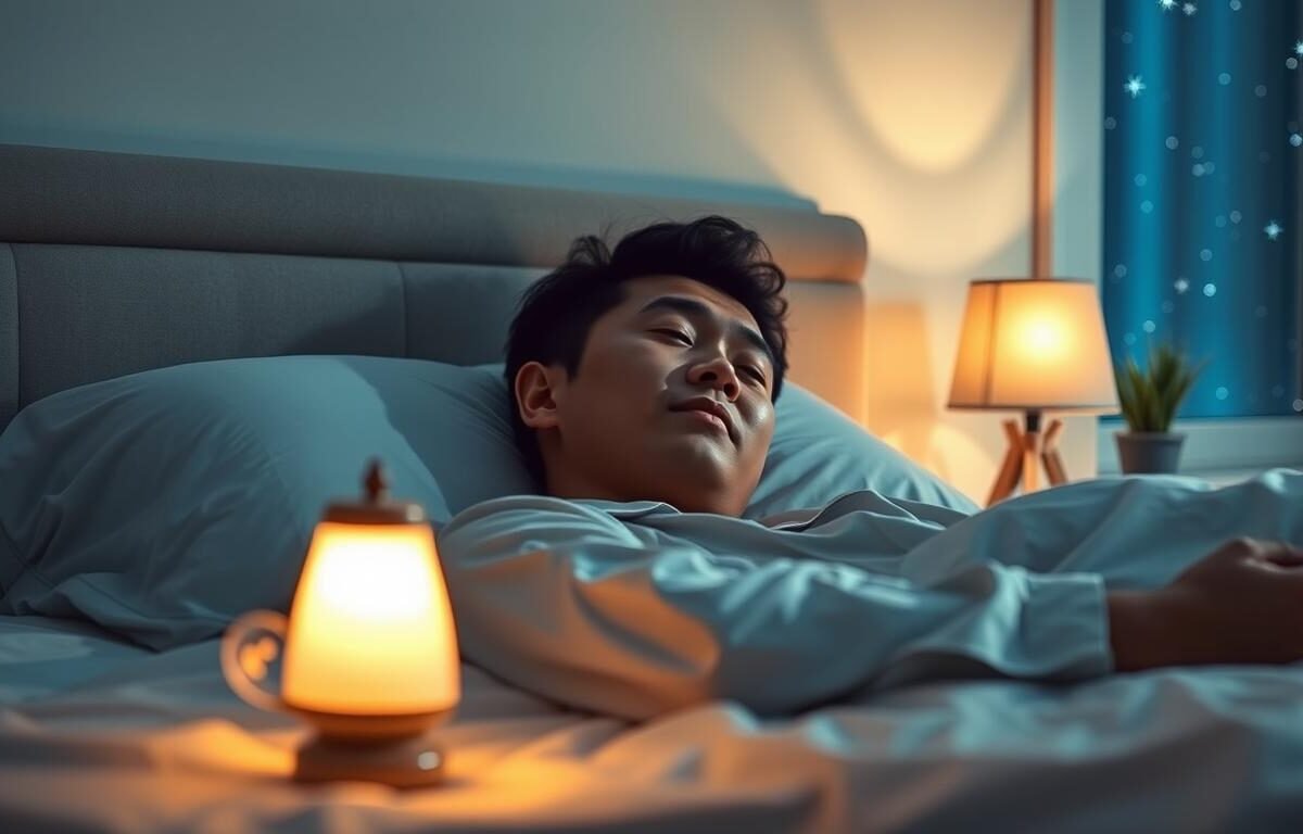 A serene bedroom setting at night showcasing a peaceful Asian man in a simple, modest sleepwear, soundly sleeping on his side. His facial features should subtly highlight the unique bone structure typical of Asian individuals, focusing on the nasal area to illustrate potential causes of snoring. In the foreground, a softly glowing bedside lamp casts warm light, emphasizing the calm atmosphere. In the background, a tasteful, minimalist decor complements the scene, with a hint of a window displaying a starry night outside. Soft shadows play across the room, creating a tranquil mood. The overall composition should evoke a sense of understanding and awareness of the topic, without any text or distractions.