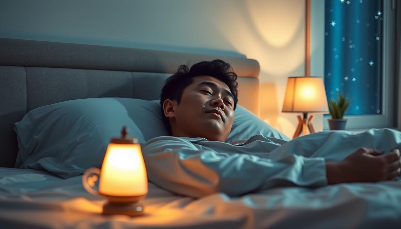 A serene bedroom setting at night showcasing a peaceful Asian man in a simple, modest sleepwear, soundly sleeping on his side. His facial features should subtly highlight the unique bone structure typical of Asian individuals, focusing on the nasal area to illustrate potential causes of snoring. In the foreground, a softly glowing bedside lamp casts warm light, emphasizing the calm atmosphere. In the background, a tasteful, minimalist decor complements the scene, with a hint of a window displaying a starry night outside. Soft shadows play across the room, creating a tranquil mood. The overall composition should evoke a sense of understanding and awareness of the topic, without any text or distractions.