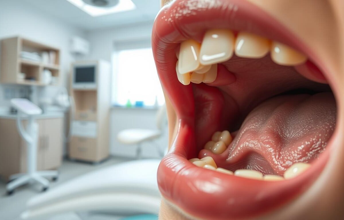 A close-up view of a dental recovery scene illustrating the healing process after wisdom tooth extraction. In the foreground, a person's mouth is shown, depicting the healing empty socket with visible stitches and healthy gum tissue. The middle ground includes a dental care kit with items like a toothbrush, mouthwash, and gauze, organized neatly. The background features a softly lit dental clinic environment, creating a peaceful atmosphere with light coming from a window and a serene color palette. Capture the mood of care and recovery, with a focus on cleanliness and professionalism, designed to inform and reassure. Use a soft-focus lens effect to keep the viewer's attention on the healing area. The image should be inviting and educational.